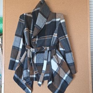 Chicwish Belted  Plaid Wool Blend Wrap Coat - Black, Brown, Gray Size M